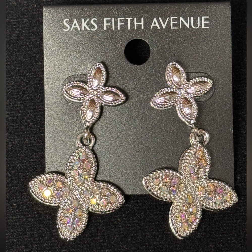 Saks Fifth Avenue Elegant Silver and Iridescent  Clover Floral Earrings 2 inch